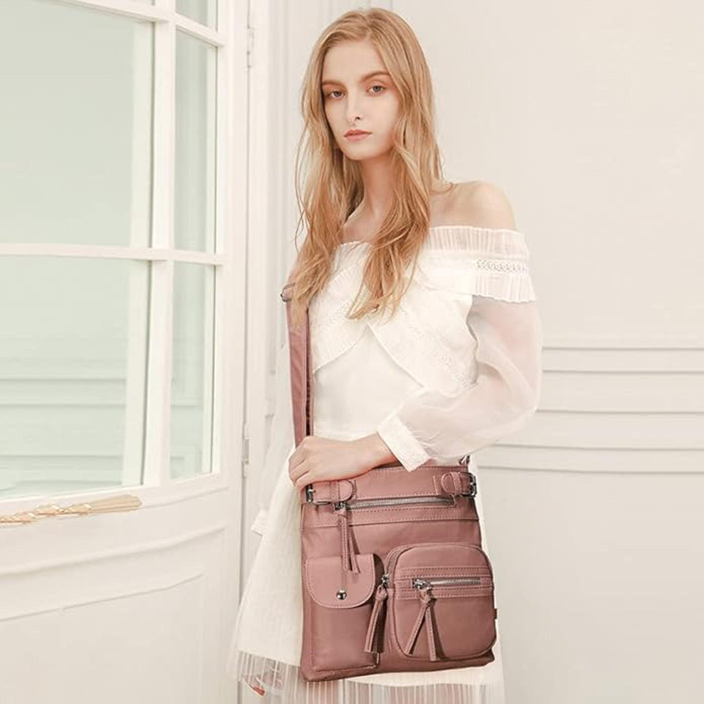 Women cute shoulder Leather Bag with zipper Anti-theft Multi-pocket good Crossbody Bag Shoulder Bag, eco bag